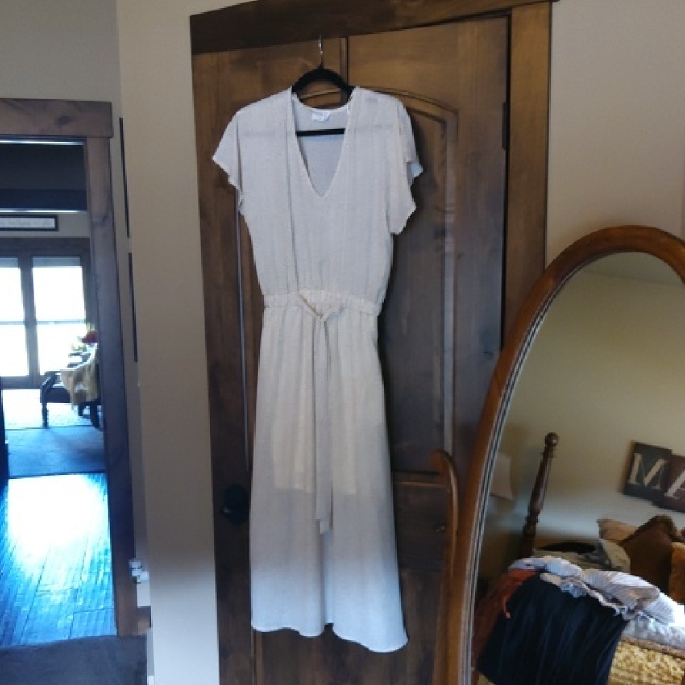 Sienna Sky Light Beige V-Neck Tie-Waist Midi Dress